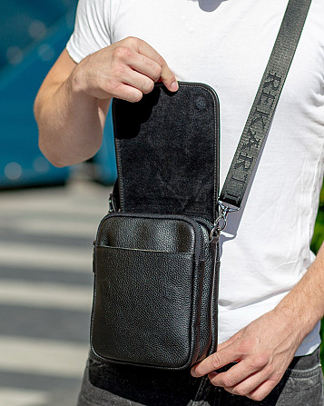 Кожаная мужская сумка-мессенджер 24х20х6, барсетка через плечо Tiding Bag TD-23433 черная Каменское - изображение 9
