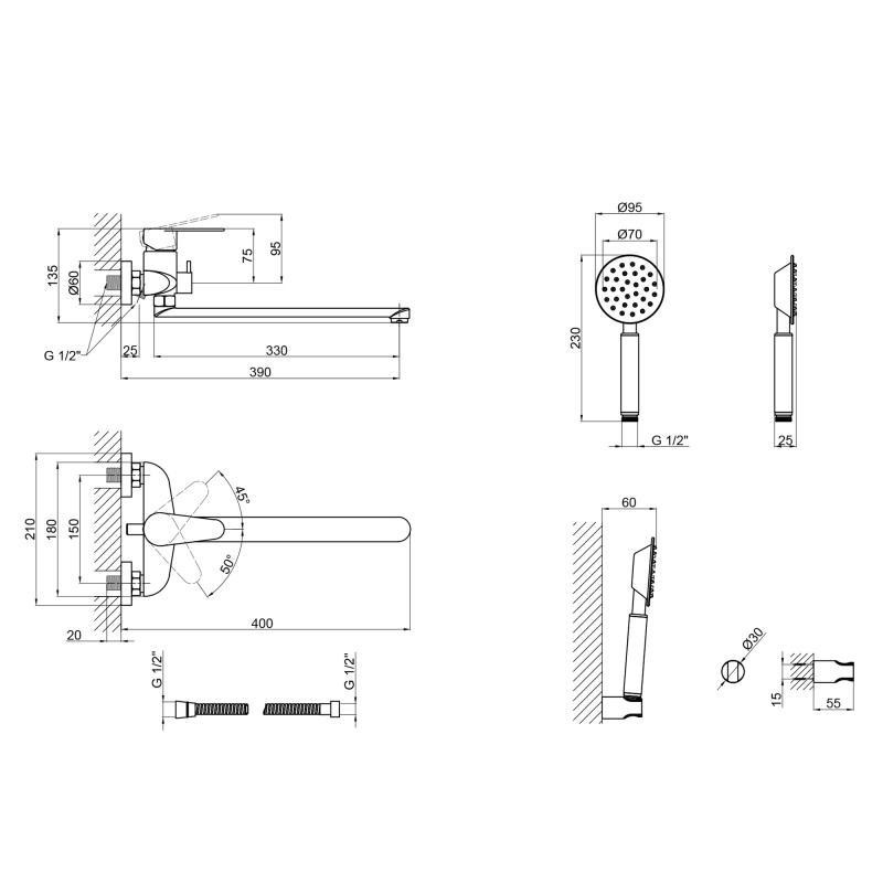 Смеситель для ванны Lidz (NKS) 09 35 005-1 с душевым гарнитуром, сатин Киев - изображение 2