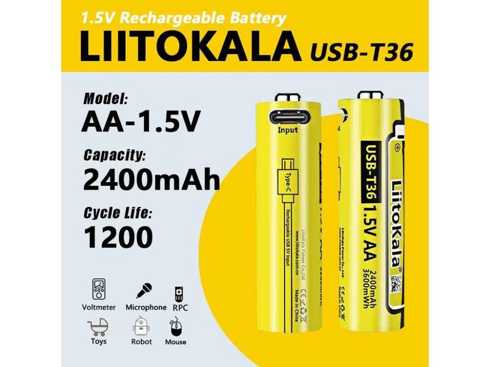 Аккумулятор Li-ion 2400mAh 1шт USB-T36 1.5V ОРИГИНАЛ ТМ LIITOKALA Киев - изображение 1