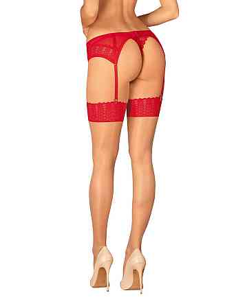 Панчохи Obsessive Ingridia stockings XS/S, бежеві з червоною резинкою Sex Aura Київ