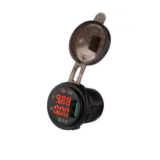 Гніздо прикурювача P11R USB QC 3,0 вольтметр/амперметр врізне з кришкою та червоною підсвіткою 12/24V Харків