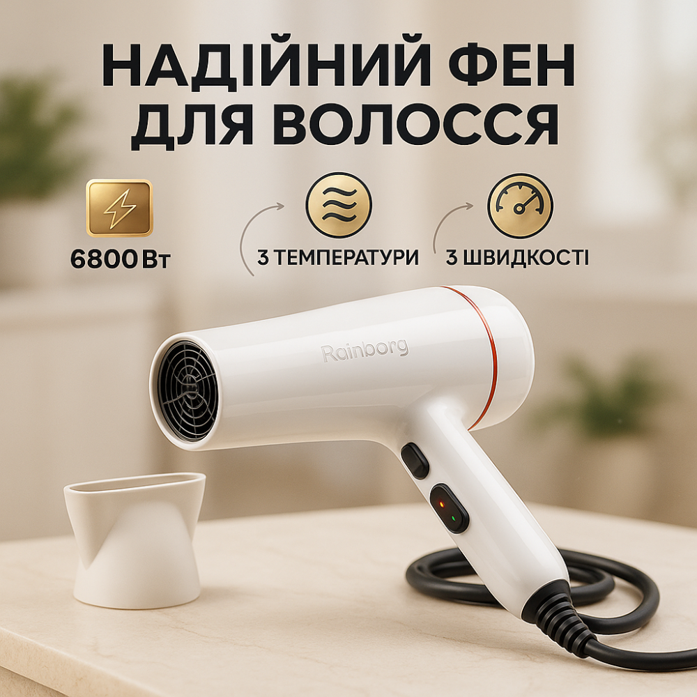 Воздушный стайлер для волос Rainberg RB-2211 6800Вт, Фен для волос с режимами, Фен мощный QO-81 Львов - изображение 16