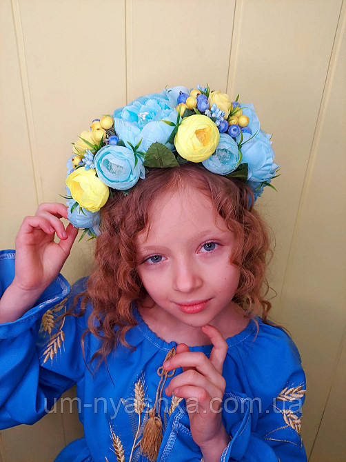 Ободок обруч з квітами "Піони великий блакитно-жовтий" Кривий Ріг - фото 3