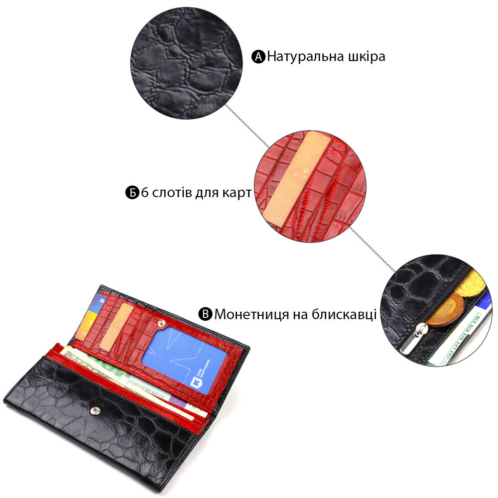 Необычный женский кошелек из натуральной фактурной кожи Черный (CANPELLINI) Киев - изображение 8