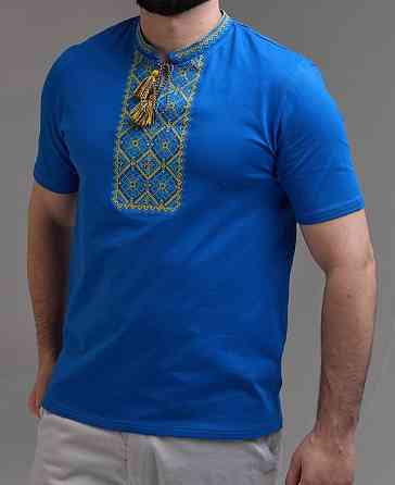 Футболка вышиванка синего цвета с желтым орнаментом Киев
