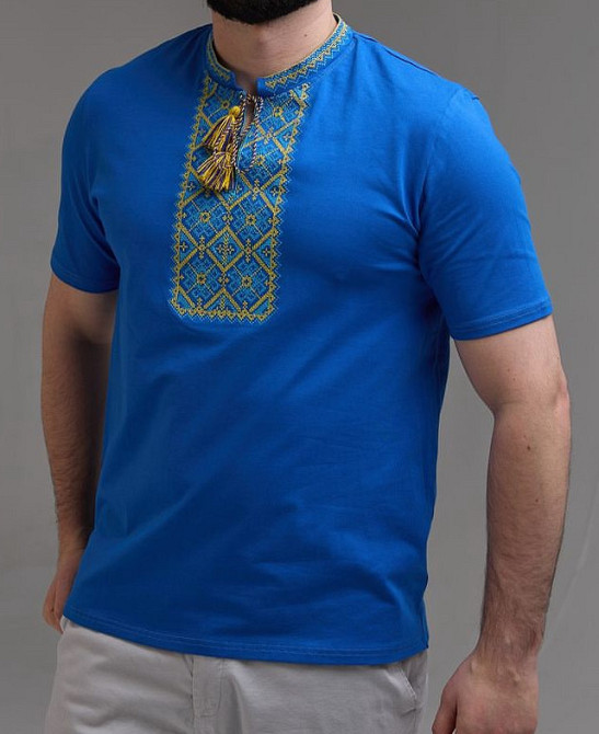 Футболка вышиванка синего цвета с желтым орнаментом Киев - изображение 2