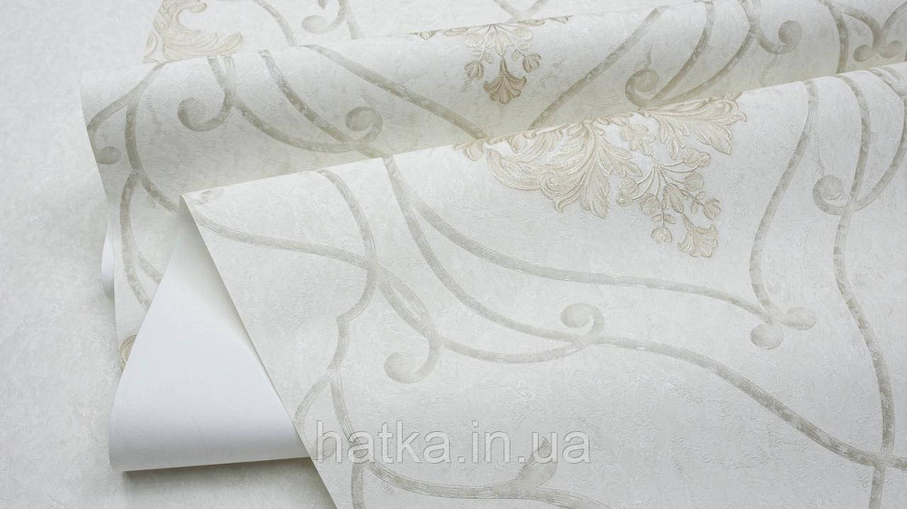 Обои метровые виниловые на флизелине Sintra Classic классика вензеля завитки структурные белое золото на бежевом 423257 Киев - изображение 3