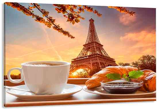 Картина полотно у вітальню / спальню  Кава з круасанами в Парижі    MLP_383 ( 60х30см ) 70x140 см Київ