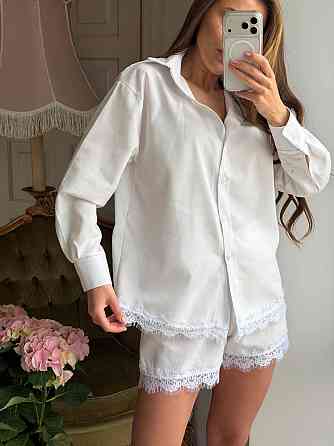 Женский стильный летний льняной костюм с кружевом Молочный, 48/50 Одесса