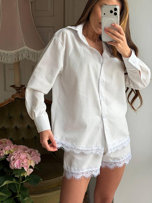 Женский стильный летний льняной костюм с кружевом Молочный, 48/50 Одесса - изображение 1