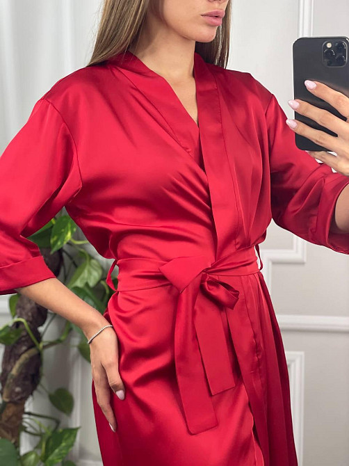 Халат женский шелковый под пояс Красный XL Харьков - изображение 2