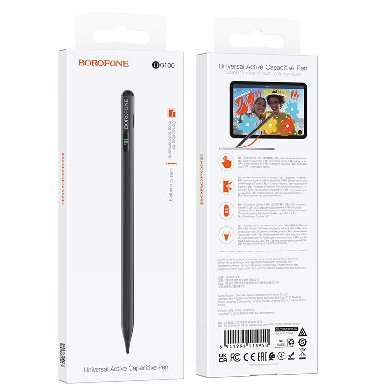 Стилус BOROFONE BG100 Universal active capacitive pen with digital display Black Одеса - фото 2