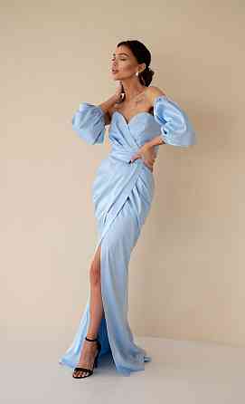 Женское роскошное вечернее платье со шлейфом и съемными рукавами из королевского атласа Голубой, M Одесса
