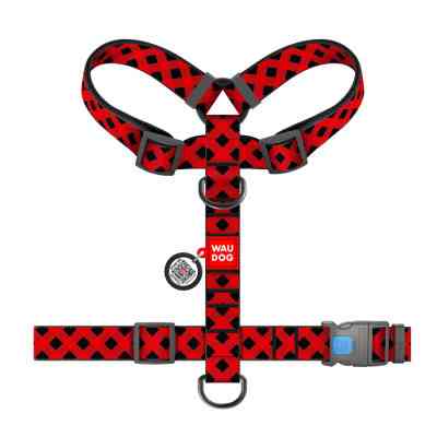 Шлей для собак WAUDOG Nylon анатомическая H-образная с QR-паспортом "Шотландка красная" пластиковый фастекс XL (323-0100) Винница