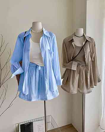 Женский базовый летний костюм двойка: рубашка и шорты креп жатка 42/44, Голубой Одесса