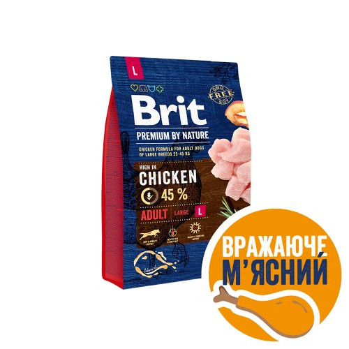 Корм сухой Brit Premium Dog Adult L для взрослых собак больших пород весом 25-45 кг с курицей 3 кг Киев - изображение 1