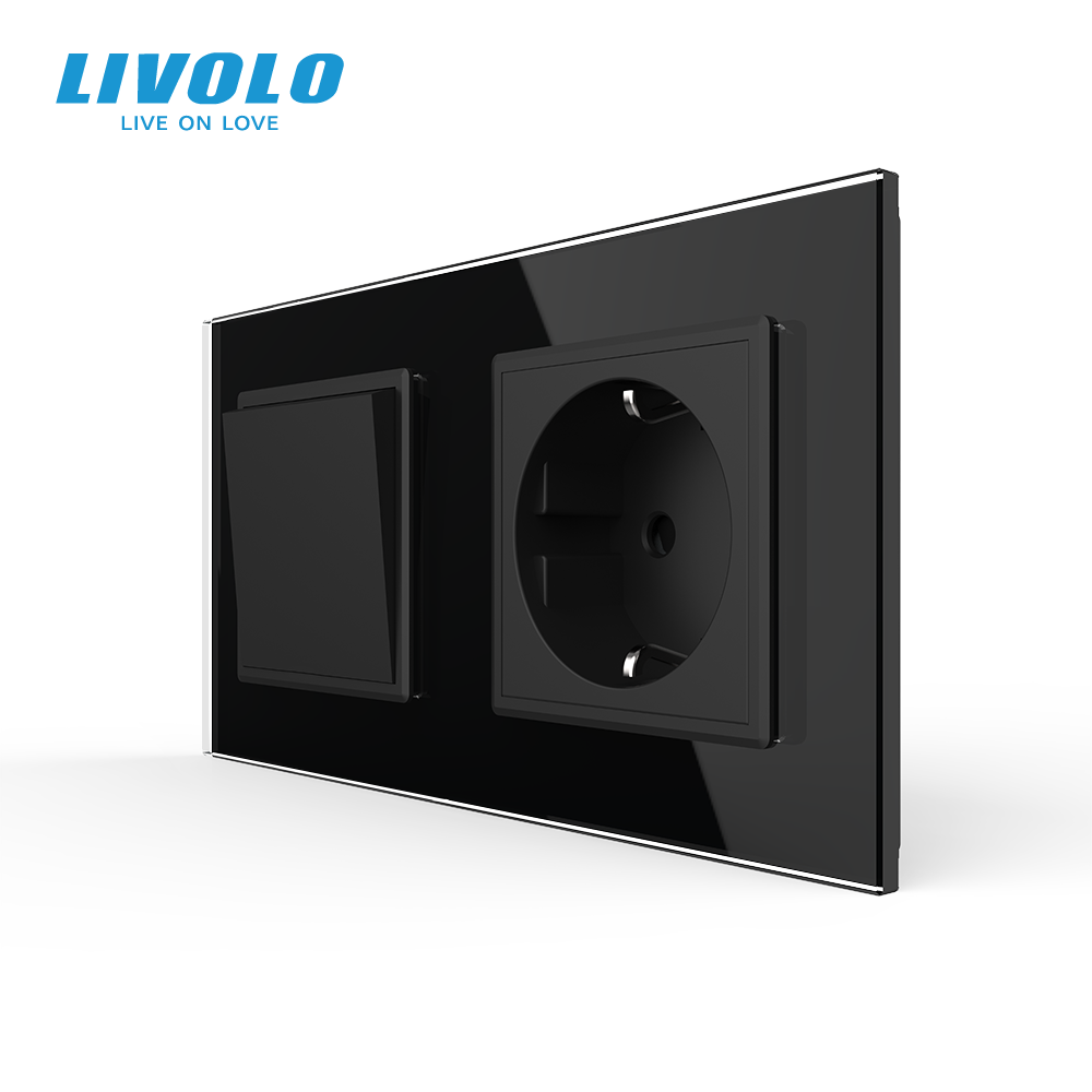 LIVOLO Одноклавішний вимикач з розеткою LIVOLO чорний матовий скло Коломия - фото 1