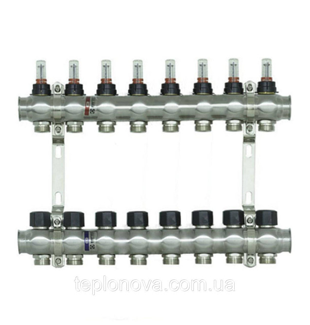 Колектор нержавійка на 8 пар виходів  "Raftec" RC-03 для Теплої Підлоги з розходомірами Чернівці - фото 1