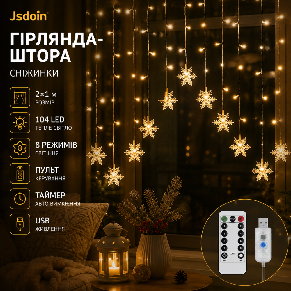 Гирлянда-штора Jsdoin Снежинки 2×1 м, 104 LED, теплый белый, 8 режимов, пульт, таймер, USB Киев - изображение 1