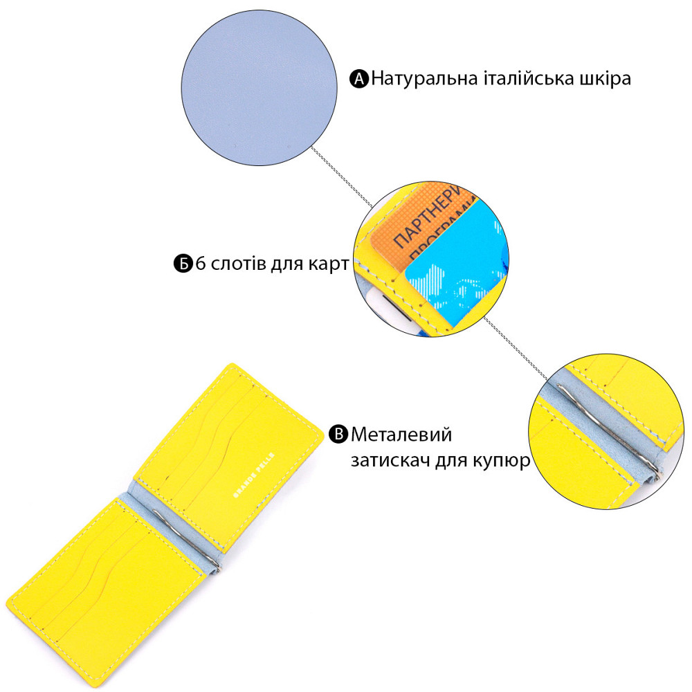Превосходный кожаный зажим комби двух цветов Сердце GRANDE PELLE 16715 Желто-голубой Киев - изображение 4