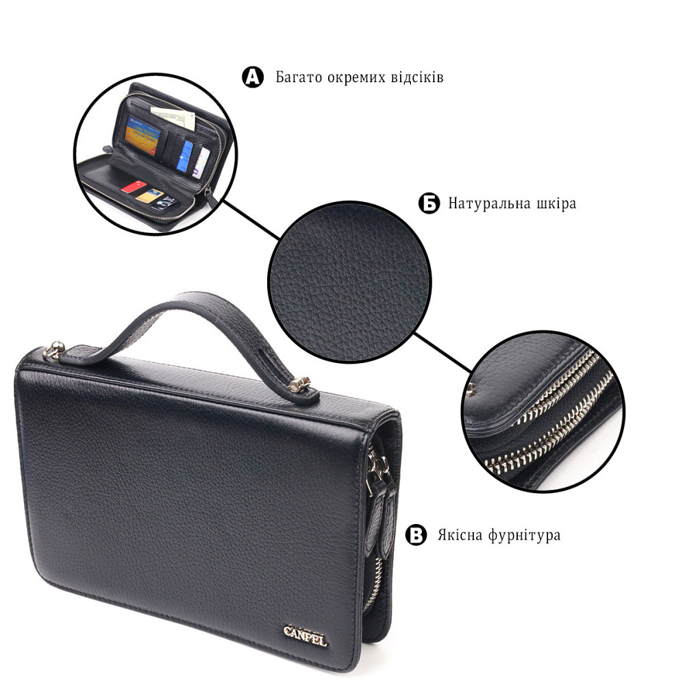 Оригинальная мужская барсетка на два отделения из натуральной зернистой кожи CANPELLINI 21567 Черная Киев - изображение 4