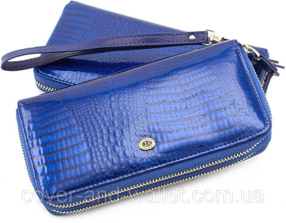 Жіночий лаковий шкіряний гаманець на дві блискавки синього кольору ST Київ - фото 2