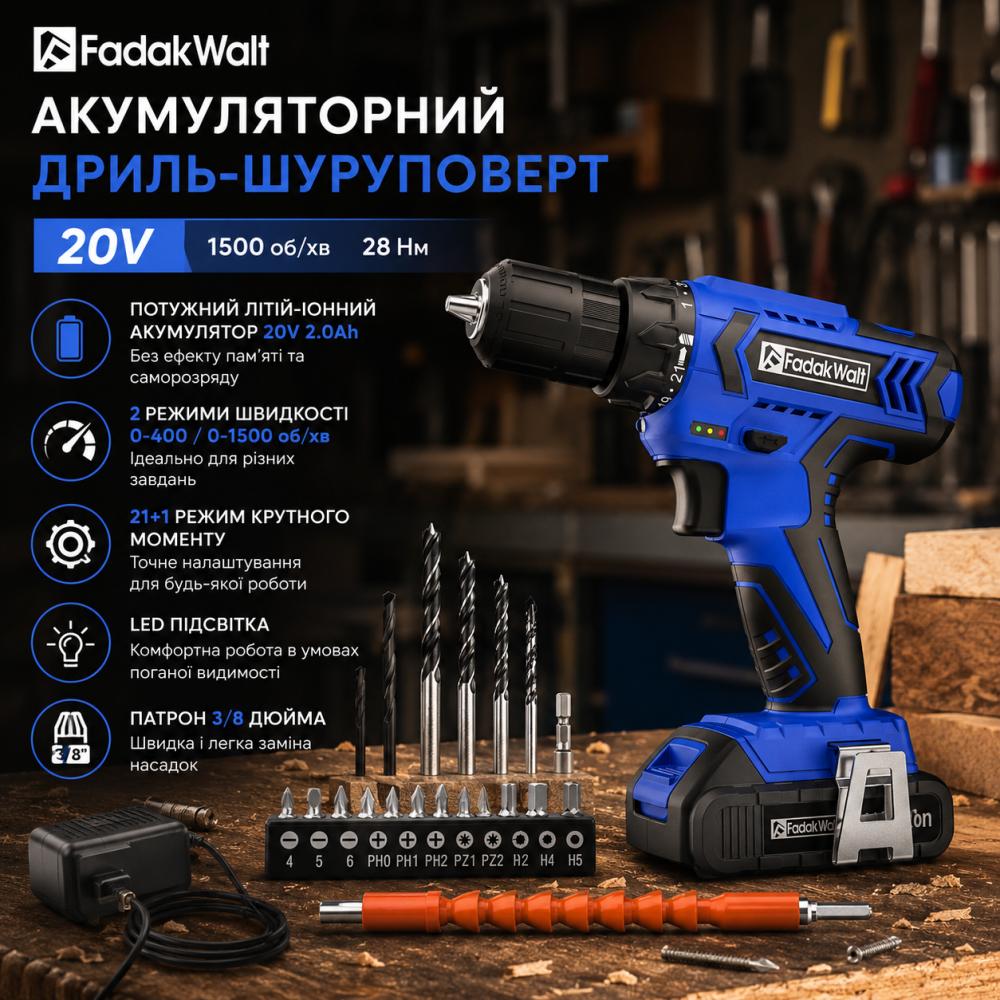Акумуляторний дриль-шуруповерт FADAKWALT 20V, 1500 об/хв, 28 Нм, набір з 1 акумулятором та аксесуарами Київ - фото 7