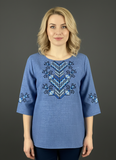 Вишита жіноча вишиванка в кольорі джинс з орнаментом «Дерево життя» 44 Київ - фото 1