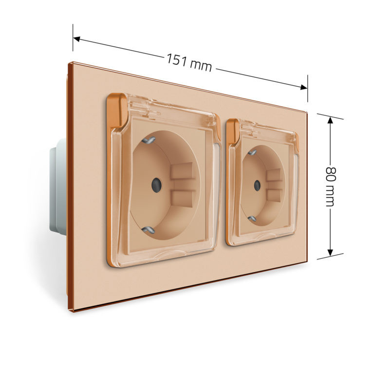 Подвійна електрична розетка вологозахисна з кришкою IP44 з заземленням, LIVOLO, золота, скляна рамка, шторки, 250В 16А (VL-C7C2EUWF-13) Коломыя - изображение 7