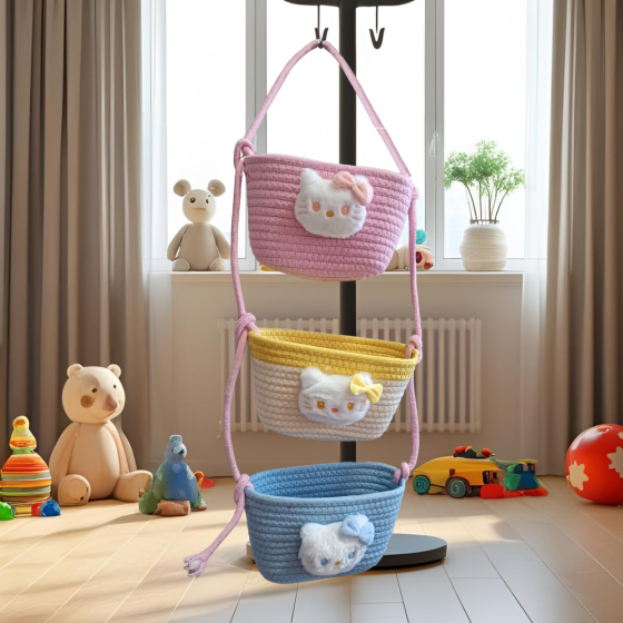 Навісний органайзер для дітей | Плетений кошик для зберігання іграшок, аксесуарів в дитячу кімнату, Кіт Кам'янець-Подільський