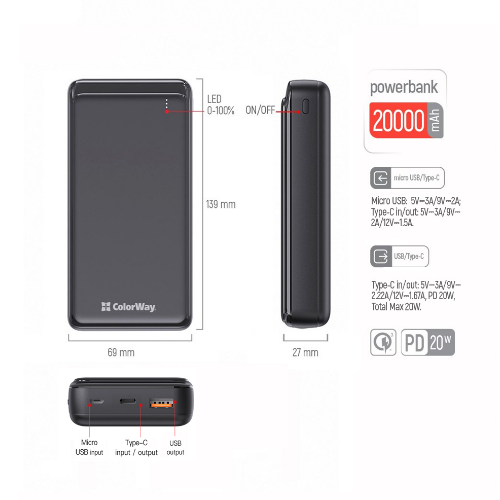 Павербанк 20000 mAh ColorWay CW-PB200LPG3BK-PD 20W QC+PD slim чорний Житомир - фото 4