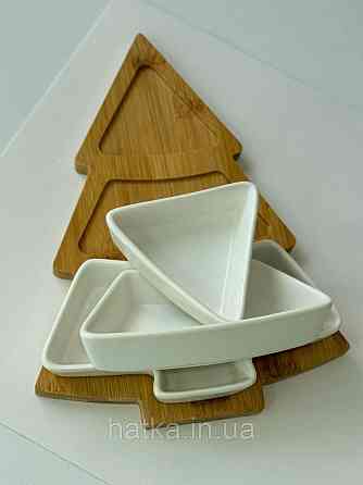 Тарілка менажниця новорічна "Біла Ялинка" кераміка 26*15*h5 см бамбукова підставка 8030-353 Київ