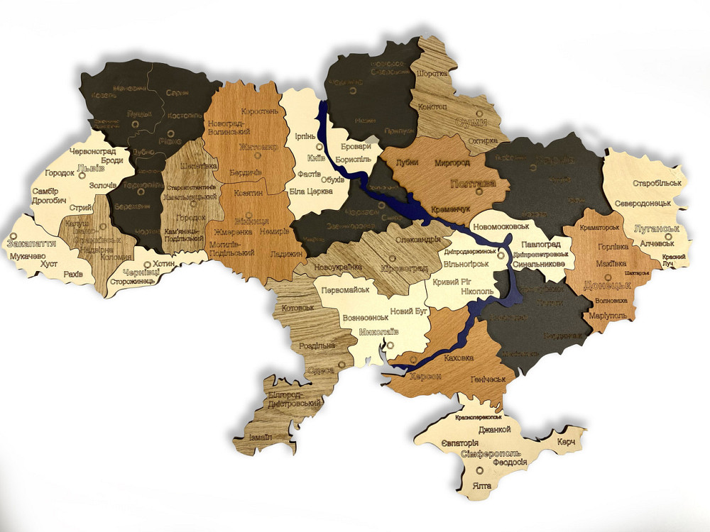 Мапа України з натурального дерева на стіну 59х40 см, карта України навісна Кам'янець-Подільський - фото 1