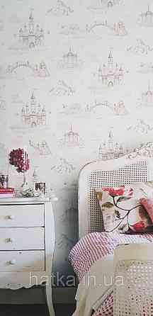 Шпалери флізелінові еко Rasch Kids World II 0.53х10 дитячі принцеси замки карети лебеді рожеві на білому Київ
