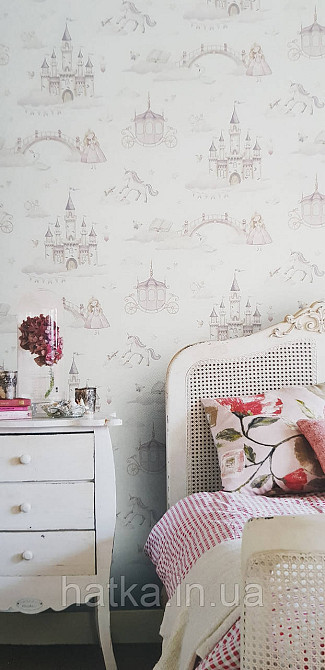 Шпалери флізелінові еко Rasch Kids World II 0.53х10 дитячі принцеси замки карети лебеді рожеві на білому Київ - фото 1
