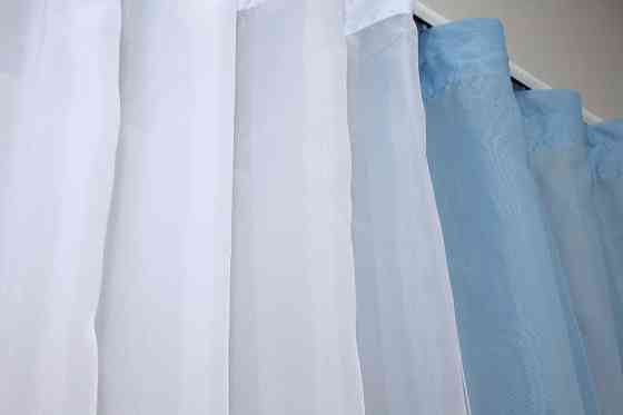 Кухонний комплект VR-Textil № 051к тюль і шторки з підв'язками блакитний з білим 280х170 см (52-0561) Київ