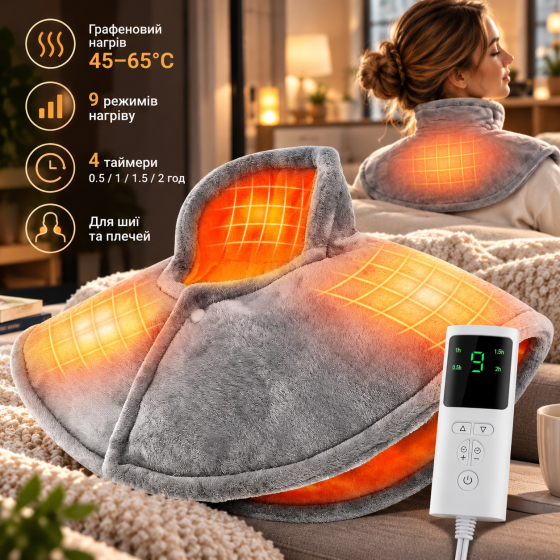Електрична грілка Aunik для шиї та плечей, графеновий нагрів 45–65°C, 9 режимів, 4 таймери, сіра Київ