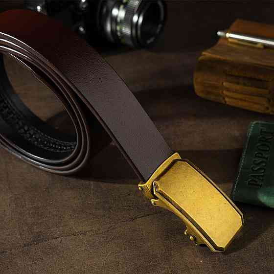 Ремень мужской c латунной угловатой пряжкой Vintage 20276 Коричневый Киев