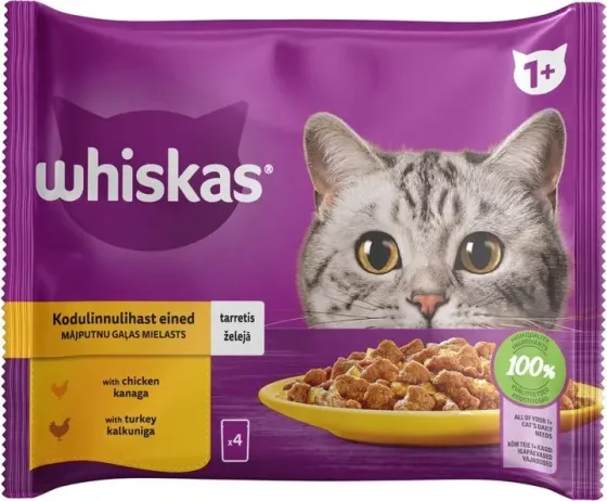 Влажный корм Whiskas (Вискас) с курицей/индейкой в ​​желе для взрослых кошек (упаковка 4 шт x 85 г) Винница