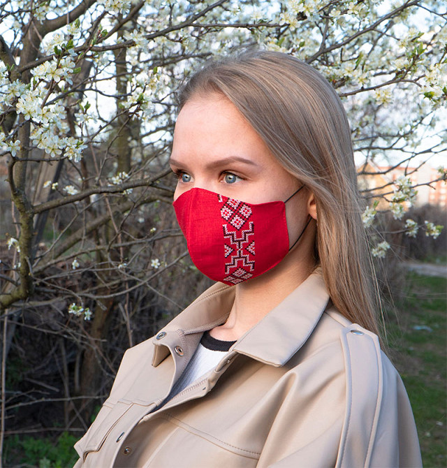 Маска защитная многоразовая из 100% ЛЬНА с Вышивкой Размер М (Красный) Сумы - изображение 3