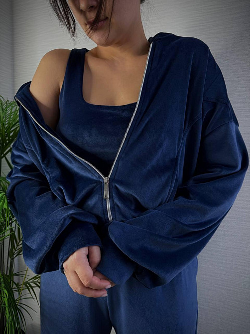 Женский стильный повседневный плюшевый костюм тройка Синий, 46/48 Одесса - изображение 3