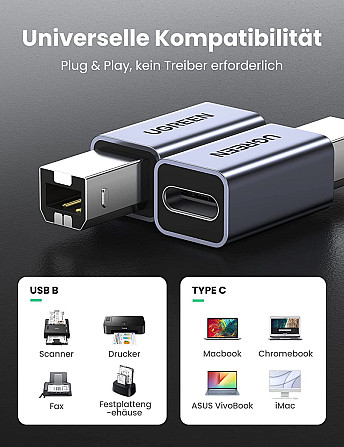 Перехідник USB-C на USB-B Ugreen US382 для принтера, жорсткого диска, док станції 20120 (Сірий) Миколаїв - фото 6