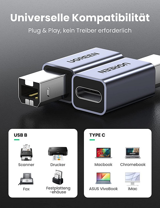 Перехідник USB-C на USB-B Ugreen US382 для принтера, жорсткого диска, док станції 20120 (Сірий) Николаев - изображение 6