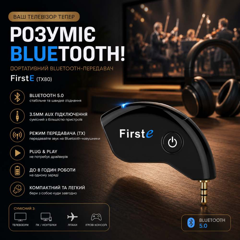 Портативний Bluetooth-передавач FirstE (TX80): Ваш телевізор тепер «розуміє» Bluetooth! Київ - фото 8