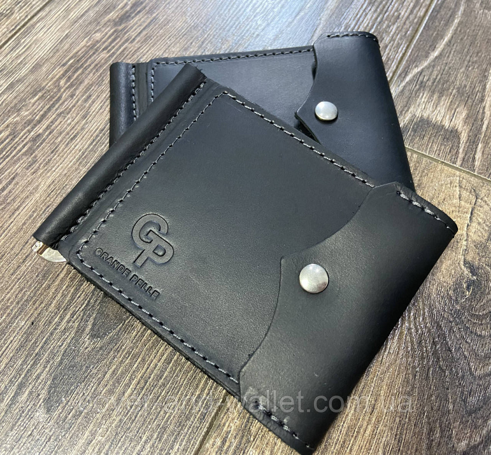 Гаманець затискач для грошей на кнопці із вінтажної шкіри чорного кольору Grande Pelle Київ - фото 6