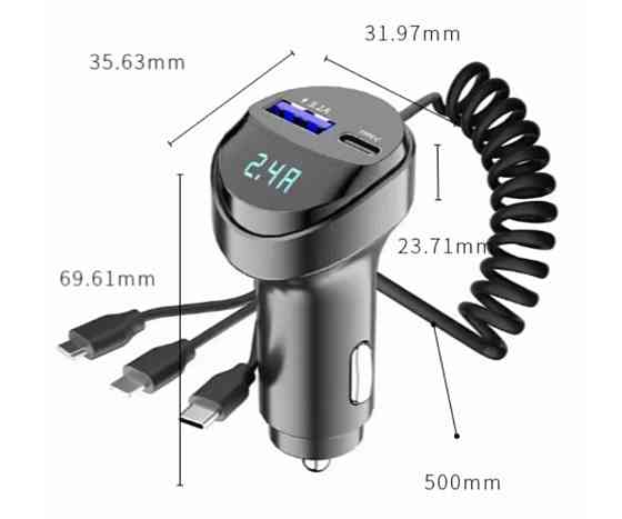 Зарядное устройство для телефона от прикуривателя авто на 2 порта и 3 кабеля Киев