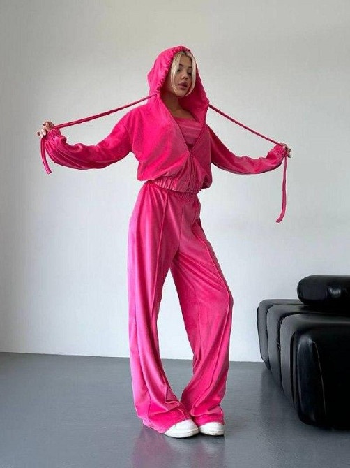 Женский прогулочный плюшевый костюм тройка: кофта топ и штаны велюр-плюш Малина, 46/48 Одесса - изображение 6