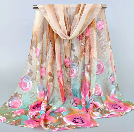 Женский шарфик разноцветный с рисунком роз - размер шарфика приблизительно 140*48см, шифон Киев - изображение 1