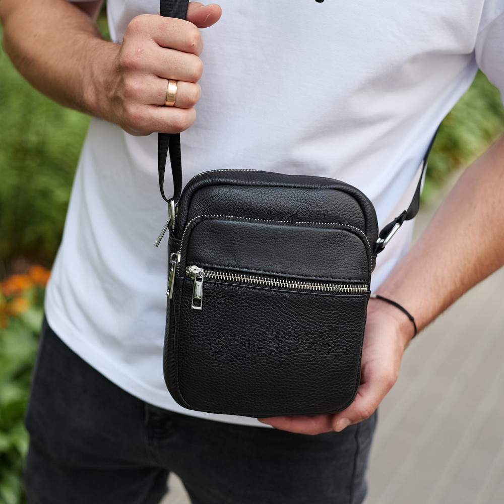 Чоловіча шкіряна барсетка 21х17х7, сумка для міста, компактний месенджер для щоденного використання, чорна Кам'янське - фото 4