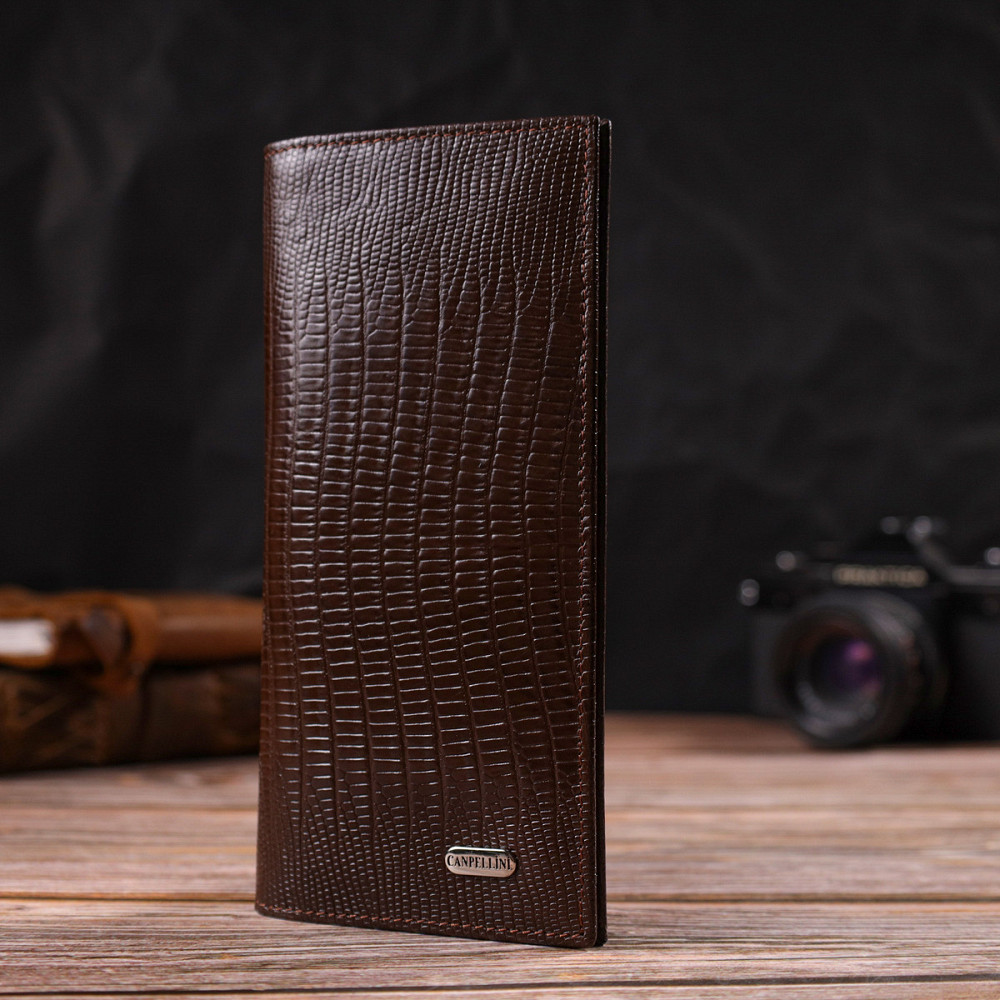 Фактурный мужской вертикальный бумажник из натуральной кожи с тиснением CANPELLINI 21899 Коричневый Киев - изображение 8